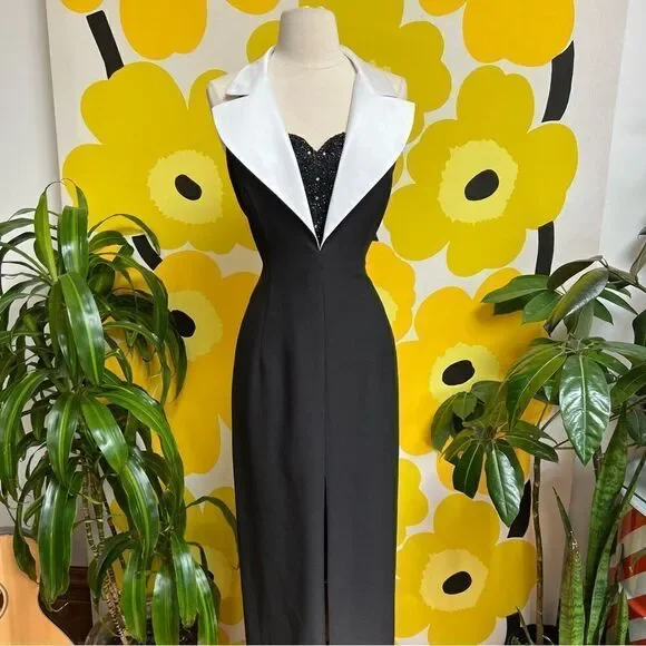 Vintage 1980s 1990s Beaded Tuxedo Wiggle Strappy Back Cigarette Style Gown - Picture 8 of 11